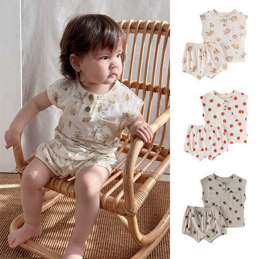 Summer Arrival Baby Unisex Sleeveless Fruits Pattern Top Vest and Shorts Clothing Sets