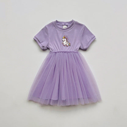 Summer Baby Kids Girls Short-Sleeved Cartoon Unicorn Pattern Mesh Patchwork Dress
