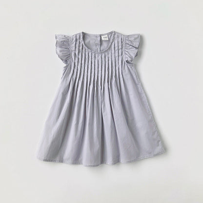 Summer Arrival Kids Girls Fly Sleeves Solid Color Pleated Dress