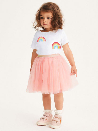 Summer Baby Kids Girls Rainbow Print T-Shirt And Solid Color Mesh Skirt Clothing Set