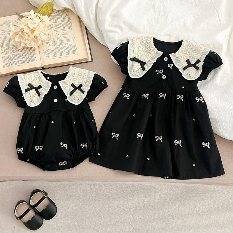 Design Summer Baby Kids Girls Floral Pattern Collar Short Sleeves Bows Embroidery Onesies And Girls’ Dress – Princess Sister Matching Set