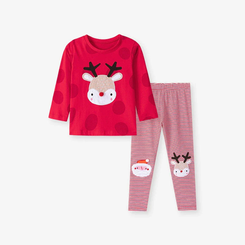 Spring and Autumn Girls Christmas Cartoon Pattern Long Sleeves Sweatshirt and Striped Pants Clothing Set