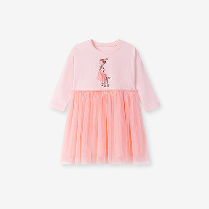 Autumn Arrival Cartoon Rabbit and Princess Pattern Long Sleeves Crew Neck Dress for Stylish Girls