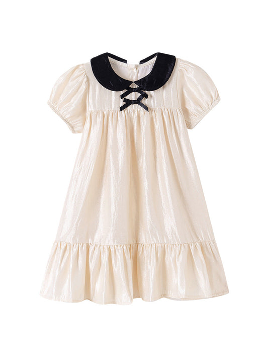 Summer Arrival Baby Girls Cute Color Patchwork Butterfly-bow Decorated Short Sleeves Dress