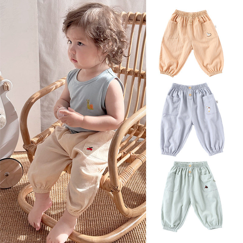 Children’s Summer Breathable Simple Logo Embroidered Pocketed Fashion Casual Pants – Home Trousers