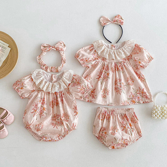 Design Summer Girls Flowers Pattern Short Sleeves Hollow Out Collar Onesies And Clothing Set – Sister Matching Clothing Set