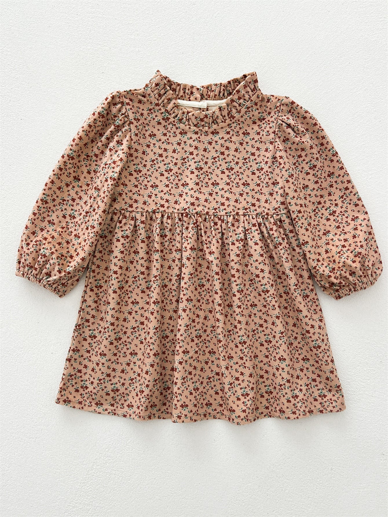 Spring and Autumn Corduroy Long-sleeved Dress with Ruffle Neck for Stylish Girls