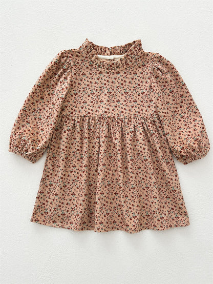 Spring and Autumn Corduroy Long-sleeved Dress with Ruffle Neck for Stylish Girls