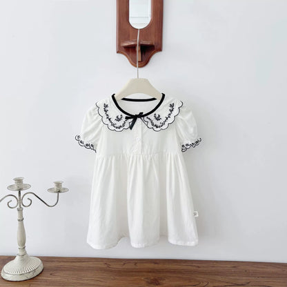 Summer Arrival Baby Girl Vintage Short Sleeves Dress with Flowers Embroidered Collar