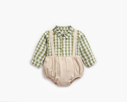Baby Boy Plaid Pattern False One Pieces Design Lapel Bodysuit Onesies
