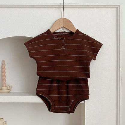 Baby Kids Unisex Striped Short Sleeves Top And Shorts Casual Clothing Set