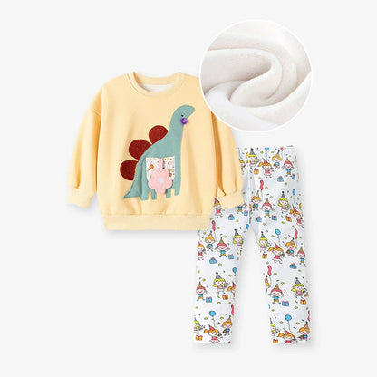 Winter and Autumn Girls Dinosaurs Cartoon Pattern Long Sleeves Sweatshirt and White Pants Clothing Set