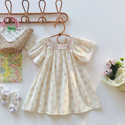 Summer Baby Kids Girls Short Sleeves Square Neck Flowers Pattern Printed Dress