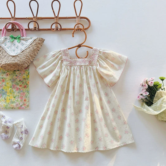Summer Baby Kids Girls Short Sleeves Square Neck Flowers Pattern Printed Dress
