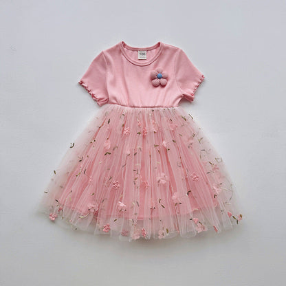 Summer Baby Kids Girls Short-Sleeved 3D Flowers Pattern Mesh Design Patchwork Dress