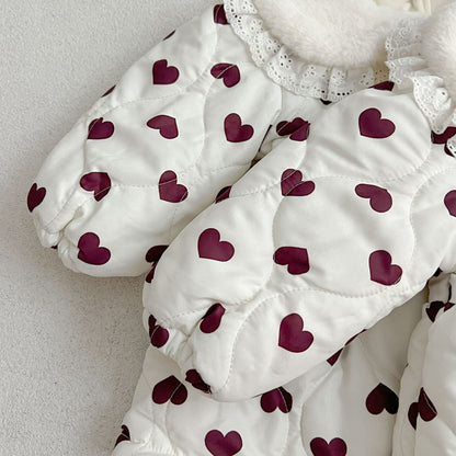 Red Heart Pattern Peter Pan Lace Collar Long Sleeve Fashion Princess Onesies&Dress