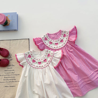Summer Baby Kids Girls Fly Sleeves Heart Pattern Embroidered Dress