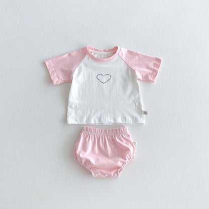Summer Hot Selling Baby Kids Girls Short Sleeves Heart Pattern T-shirt and Bloomers Clothing Set