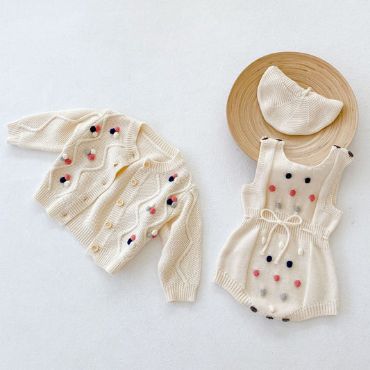 Baby Girl Colorful Handmade Ball Patched Belted Knitted Bodysuit or Cardigan One Pieces Sets