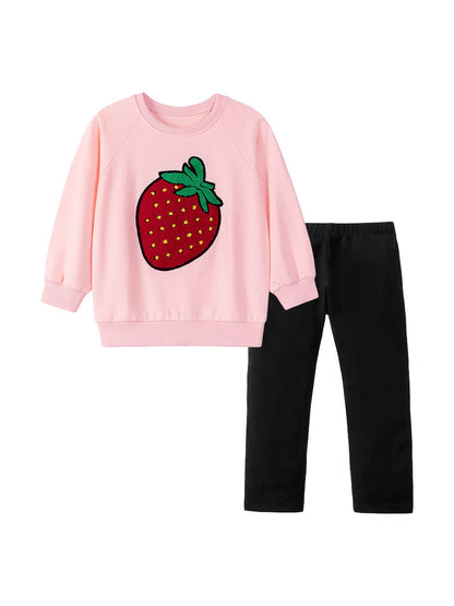 Spring and Autumn Girls Strawberry Pattern Long Sleeves Sweatshirt and Plain Pants Clothing Set