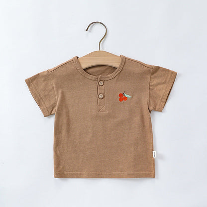 Summer Baby Kids Unisex Fruits Embroidered Pattern Short Sleeves T-shirt and Teddy Pattern Rompers Overalls Clothing Set
