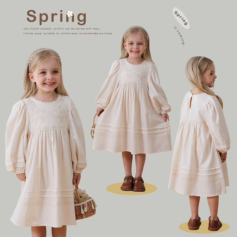 Spring and Autumn Solid Color Floral Pattern Long-sleeved Dress for Stylish Girls