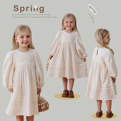 Spring and Autumn Solid Color Floral Pattern Long-sleeved Dress for Stylish Girls