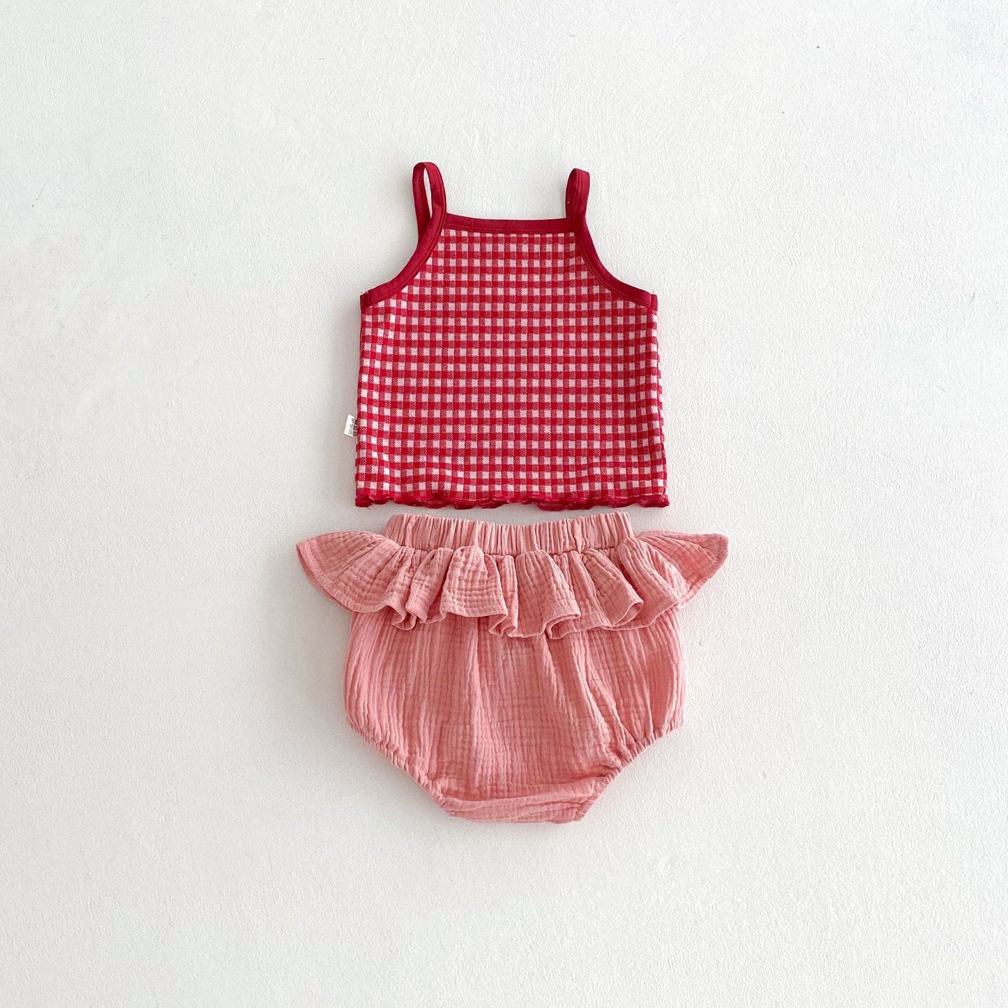 Summer Hot Selling Baby Girls Sleeveless Plaid Pattern Top Vest and Bloomers Clothing Set