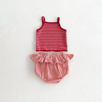 Summer Hot Selling Baby Girls Sleeveless Plaid Pattern Top Vest and Bloomers Clothing Set