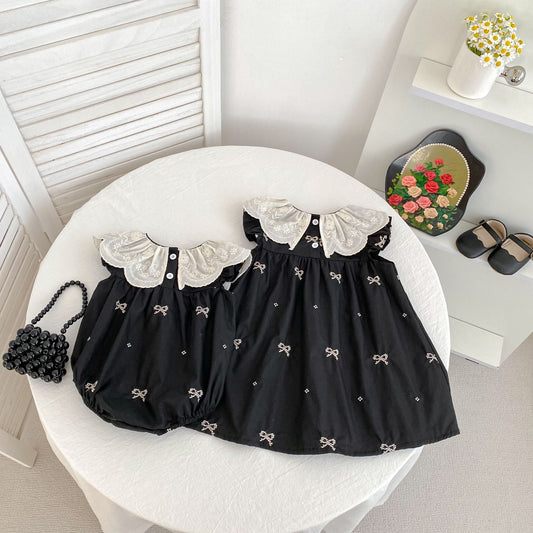 Summer Baby Girls French-style Flowers Pattern Collar Sleeveless Butterfly-bows Embroidered Onesies and Dress – Princess Sister Matching Set