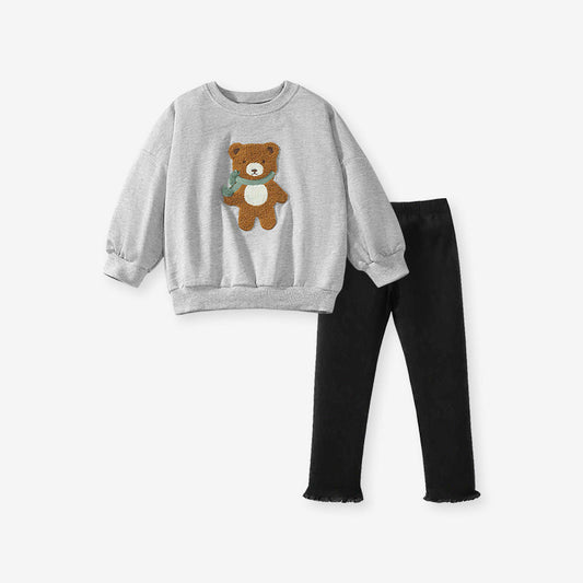 Spring And Autumn Girls Teddy Bear Pattern Long Sleeves Top Sweatshirt And Black Pants Clothing Set