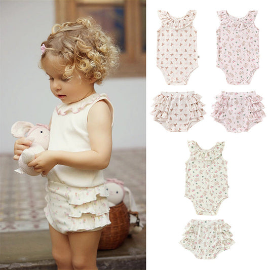 Summer Arrival Baby Girls Sleeveless Animals and Flowers Pattern Onesies, Bloomers