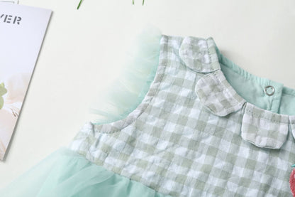 Baby Girl Plaid Graphic Strawberry Embroidery Mesh Overlay Floral Neck Dress