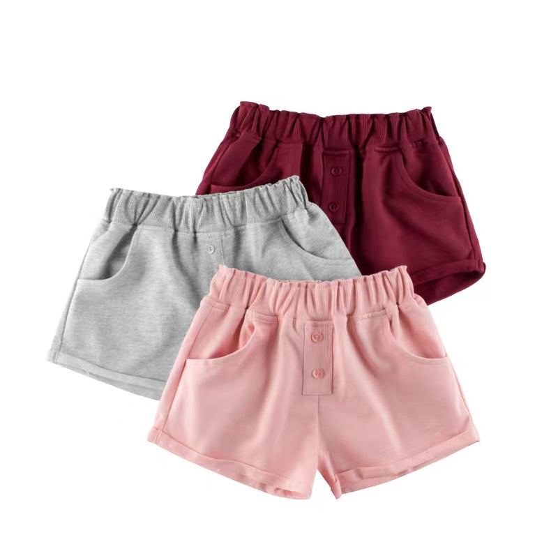Baby Girl Solid Color Button Design Flap Short Pants With Pockets