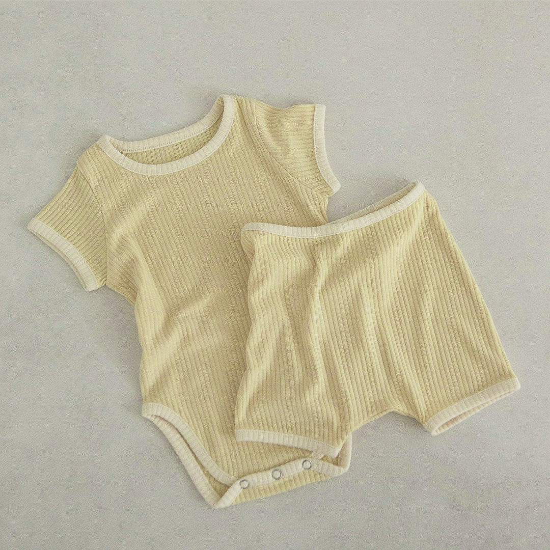 Baby Unisex Solid Color Comfy Cotton Onesies & Shorts Sets With Headband