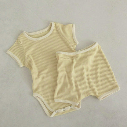 Baby Unisex Solid Color Comfy Cotton Onesies & Shorts Sets With Headband