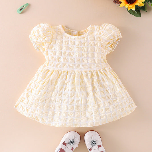 Baby Girl 3D Plaid Graphic Puff Sleeve Princess Dress
