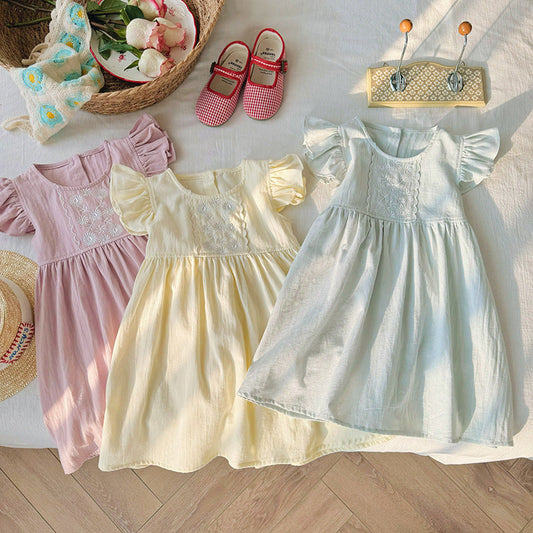 Summer Arrival Kids Girls Fly Sleeves Floral Pattern Embroidery Princess Dress