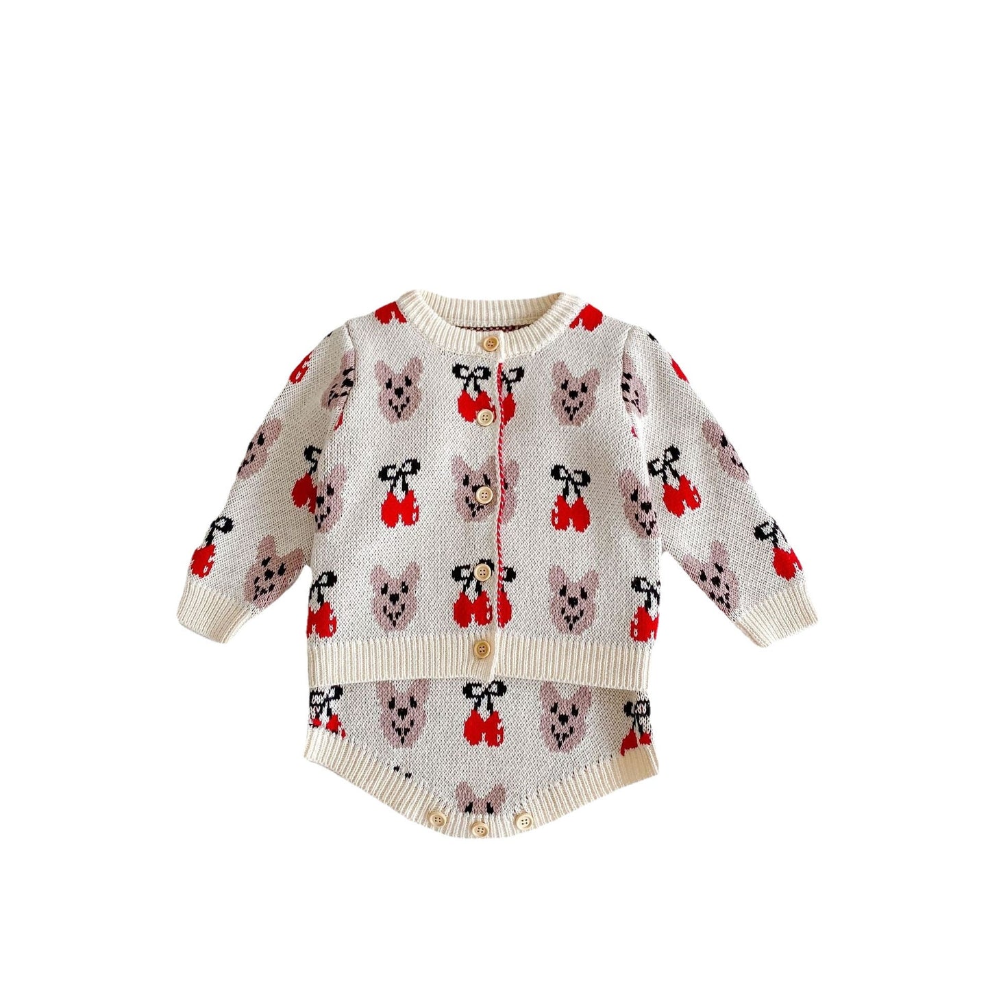 Baby Girl Allover Roses Embroidered Graphic Crotch Bodysuit & Cardigan Handmade Knitted Sets