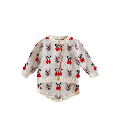 Baby Girl Allover Roses Embroidered Graphic Crotch Bodysuit & Cardigan Handmade Knitted Sets