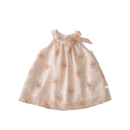 Summer Arrival Sleeveless Flowers Pattern Butterfly-bow Decorated Collar Dress for Stylish Girls