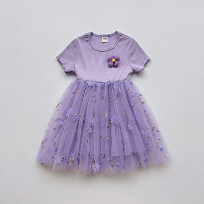 Summer Baby Kids Girls Short-Sleeved 3D Flowers Pattern Mesh Design Patchwork Dress