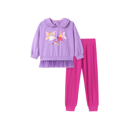 Spring and Autumn Girls Fairy Cartoon Pattern Long Sleeves Sweatshirt and Purple Pants Clothing Set