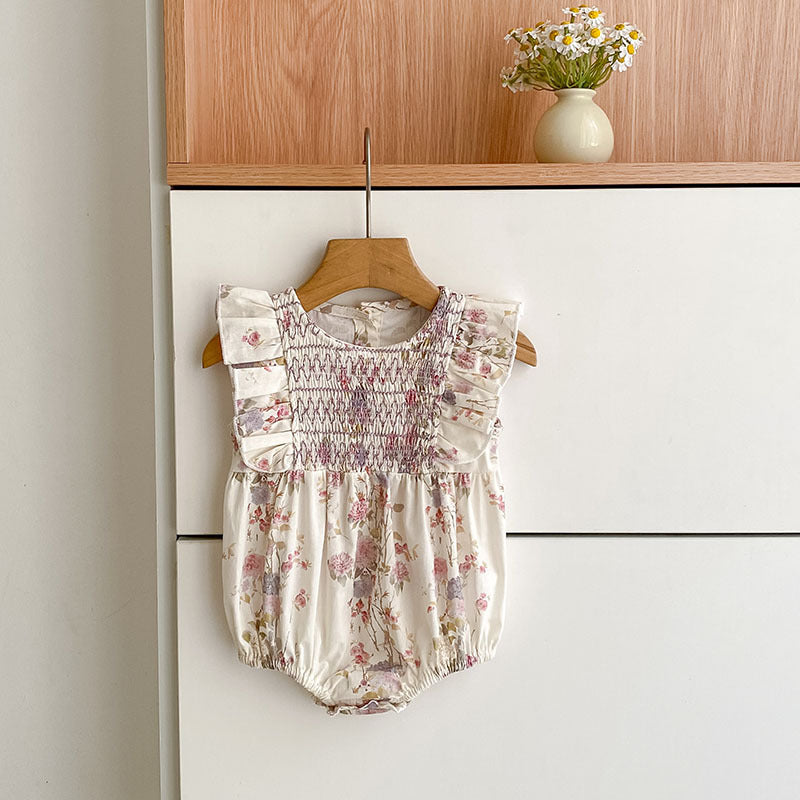 Summer Girls Arrival Floral Pattern Fly Sleeves Onesies and Girls’ Dress – Princess Sister Matching Set