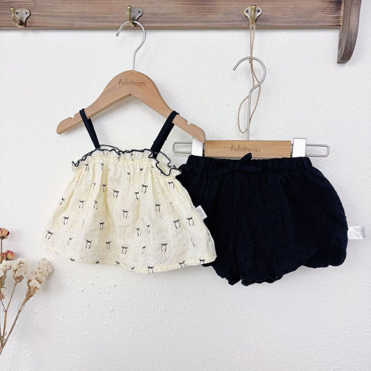 Summer Hot Selling Baby Girls Sleeveless Butterfly-bows Pattern Top Vest and Black Shorts Clothing Set
