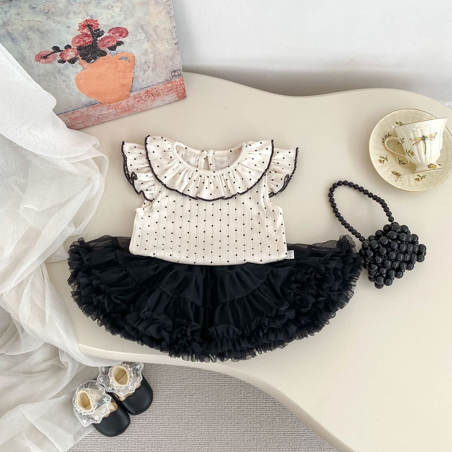 Summer Baby Kids Dots Pattern Fly Sleeves Top Vest with Black Skirt Clothing Set for Girls