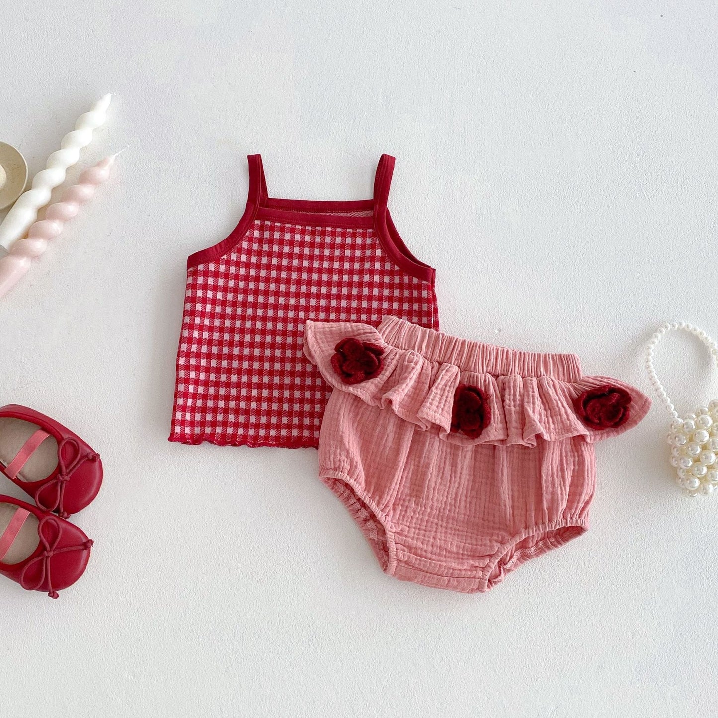Summer Hot Selling Baby Girls Sleeveless Plaid Pattern Top Vest and Bloomers Clothing Set