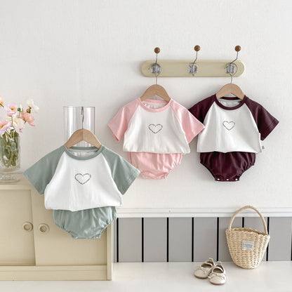 Summer Hot Selling Baby Kids Girls Short Sleeves Heart Pattern T-shirt and Bloomers Clothing Set
