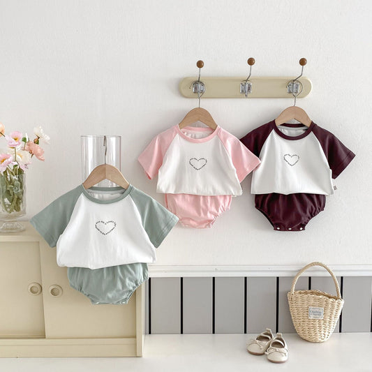 Summer Hot Selling Baby Kids Girls Short Sleeves Heart Pattern T-shirt and Bloomers Clothing Set
