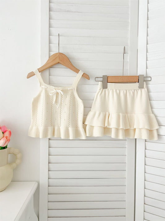 Summer Baby Kids Solid Color and Striped Hollow-out Pattern Sleeveless Top Vest with Skirt Clothing Set for Girls